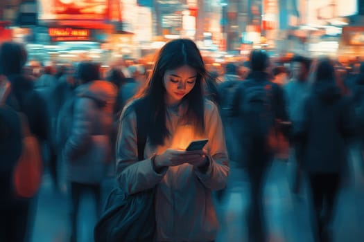 Young woman is engrossed in her smartphone, illuminated by its warm glow amidst the bustling blur of a city night