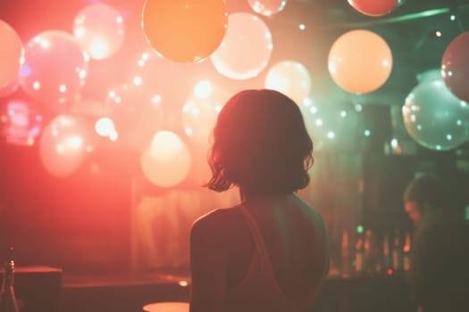 Woman is enjoying nightlife, watching party with balloons and colorful lights