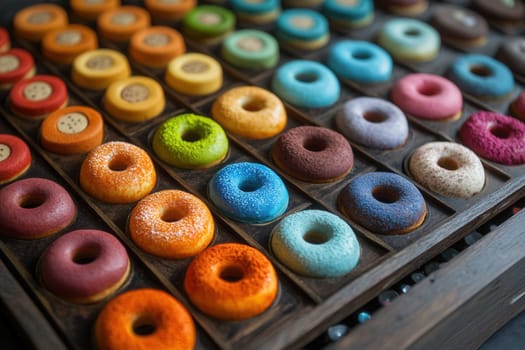 Rows of colorful mini donuts arranged in a wooden box, creating a vibrant and tempting display