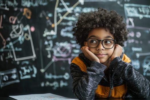 Smart young student concentrating and solving math problems drawn on a blackboard in a classroom, looking away