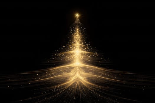 Abstract golden christmas tree with star on top, shining on black background