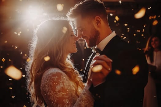Romantic couple dancing together under falling golden confetti during their wedding celebration