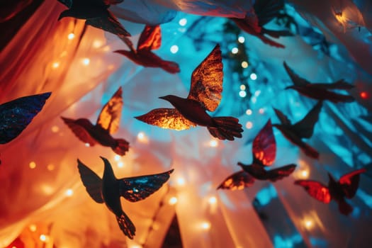 Decorative birds suspended in mid air, creating a festive ambiance enhanced by warm, inviting lighting