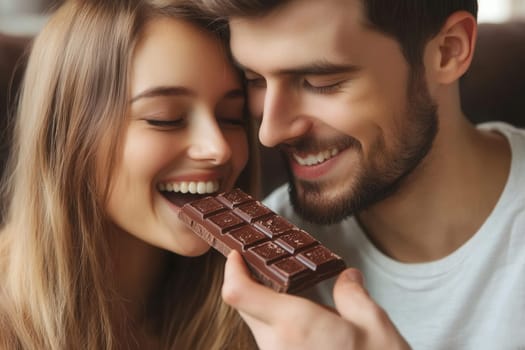 Cheerful young couple sharing a delicious chocolate bar, enjoying a sweet moment together