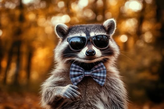 Stylish raccoon wearing sunglasses and a bow tie in a beautiful autumn forest setting