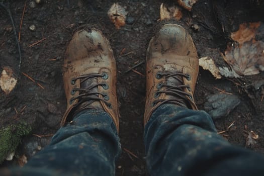 Muddy boots on a hiking trail in a forest, showing the ruggedness of outdoor adventures