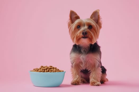 Yorkshire terrier sitting near a bowl full of dry food on a pink background