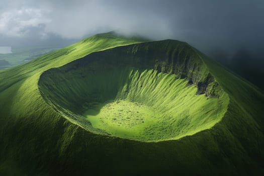 Sunlight illuminates the vibrant green slopes of a volcanic crater in the azores, portugal, creating a dramatic landscape