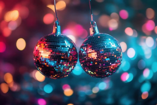 Two disco balls are hanging and reflecting colorful lights on a blurred background