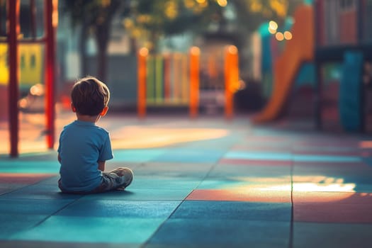 Little boy sitting alone at playground during sunset