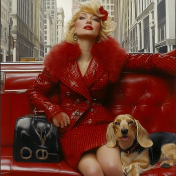 An elegant woman in the back seat of a luxury car, with  dachshund. AI generative.
