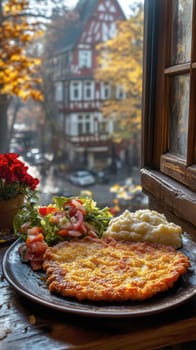 delicious homemade schnitzel on a plate, surrounded by fresh salad and a side of mashed potatoes. AI generative.
