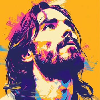 A poster with an image of Jesus, printed in a simplified vector art style, AI generative.