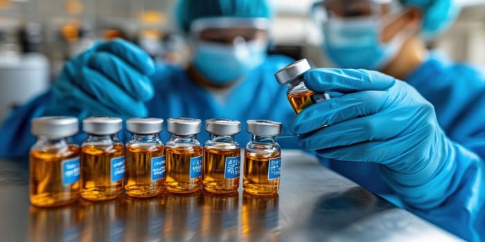 pharmaceutical production line, workers in lab coats and masks . AI generative.