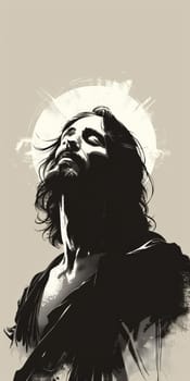 A poster with an image of Jesus, printed in a simplified vector art style, AI generative.