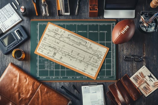 Top view of a football coach's desk displaying game strategy and planning tools, including playbook diagrams, ball, laptop, and various stationery