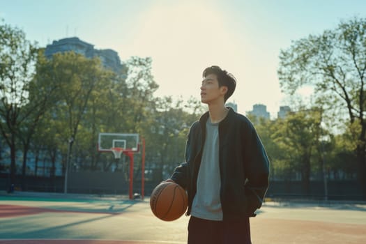 Young asian man holding basketball on outdoor court, enjoying moment of reflection after practice