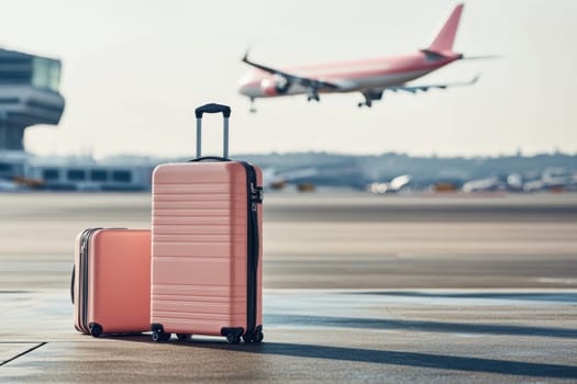 Pink luggage sitting on the airport runway with an airplane landing in the background, ready for a journey