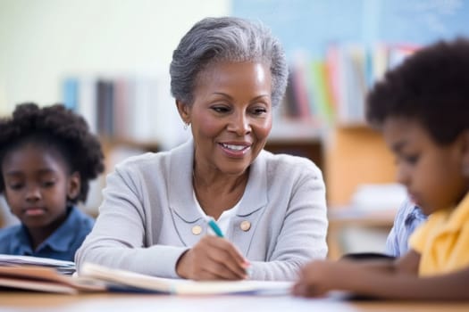 Happy mature teacher helping young african american students with their schoolwork in classroom