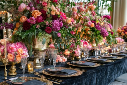 Elegant wedding table setting featuring colorful flower arrangements, candles, and gold accents, creating a luxurious atmosphere