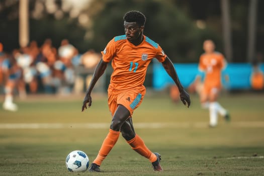 Soccer player maneuvering with the ball during a professional game, displaying agility and control