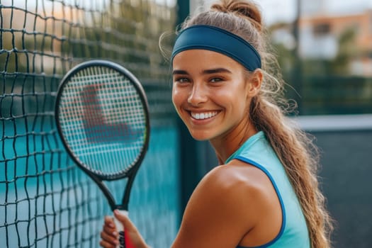 Happy athlete smiling and holding racket on a tennis court