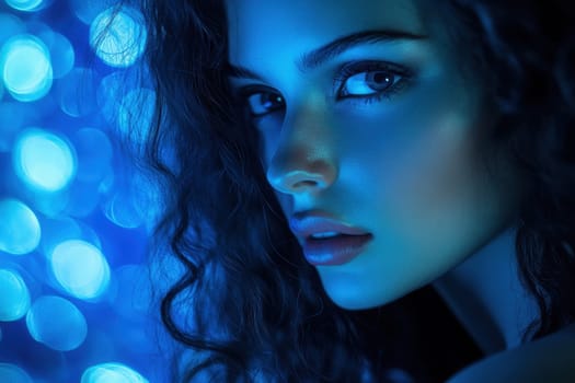 Fashion portrait of a beautiful woman with curly hair posing under blue light with bokeh effect