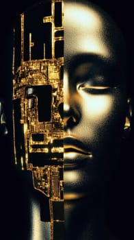 Metallic human head merging with golden electronic circuitry, symbolizing the convergence of artificial intelligence and human consciousness