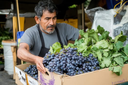 Latin american farmer arranging freshly harvested grapes and vegetables in cardboard box at farmers market