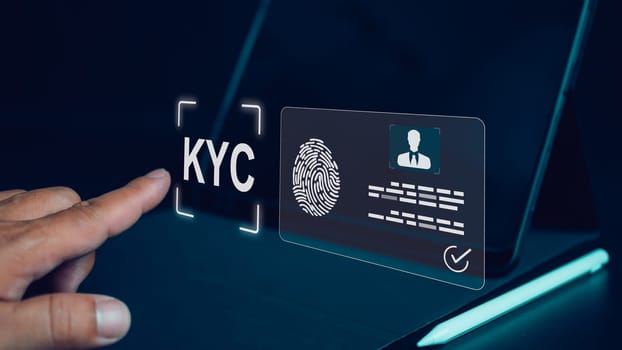 Personal information for identification, Human engaging in KYC verification, Know your customer concept, Business verifying the identity of clients for KYC financial client authentication.