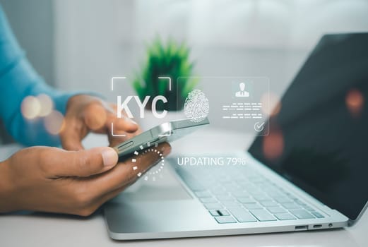 Personal information for identification, Human engaging in KYC verification, Know your customer concept, Business verifying the identity of clients for KYC financial client authentication.