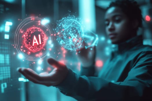 A young individual interacts with holographic representations of artificial intelligence at a modern tech workspace. The digital graphics illuminate the surroundings, showcasing innovative technology.