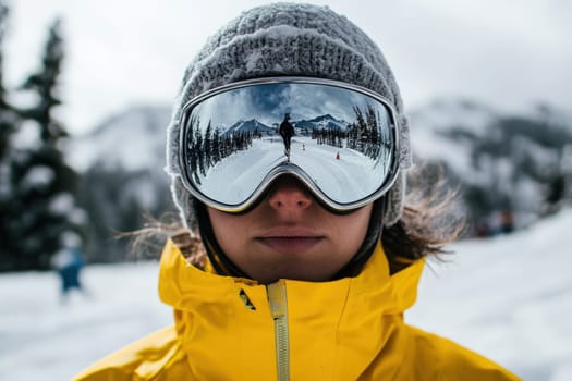 A skier with a bright yellow jacket and reflective goggles stands prominently on a snowy mountain slope. Trees and blurred figures in the background hint at an active ski resort environment.
