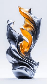 A striking abstract sculpture displays smooth, flowing forms that intertwine with metallic silver and bright orange elements. The piece stands out against a neutral background, inviting admiration.