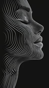 A close-up view of a womans profile is designed with detailed, flowing line patterns. The monochrome artwork emphasizes beauty and elegance, creating a striking visual effect.