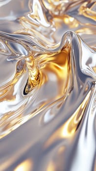 Bright metallic fabric displays intricate waves of silver and gold, reflecting light beautifully. The smooth texture creates a dynamic visual flow, emphasizing its luxurious appearance.