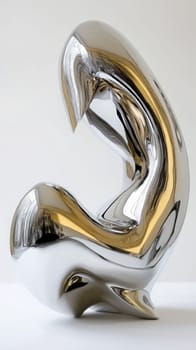 A contemporary metallic sculpture stands on display with smooth, flowing shapes that reflect surrounding light. The polished surface creates intriguing visual effects and textures.