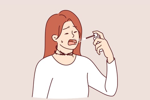 Cough spray is used by woman to cure infection and kill viruses in mouth after contracting flu. Girl with barbed wire around neck is sick with flu caused by outbreak of dangerous pandemic or epidemic.