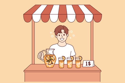 First job for little boy selling lemonade, earning money and dreaming of becoming professional businessman. First job of happy child pouring citrus lemonade into glasses and standing in street stall