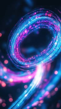 Vibrant swirls of blue and pink light create an abstract representation of motion in a digital environment. The glowing colors evoke a sense of energy and creativity.