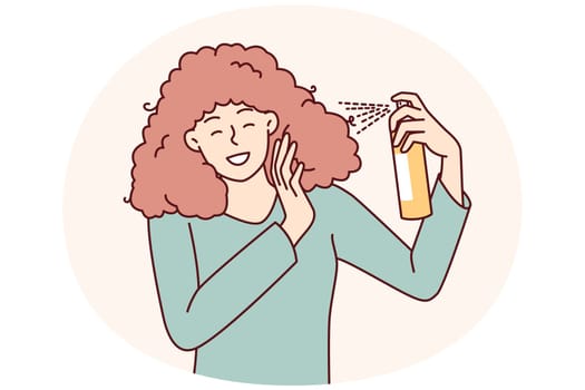 Woman uses spray to create cool hairstyle before going to party or gala dinner. Girl is engaged in independent hair care, wanting to have beautiful hairstyle thanks to cosmetic products