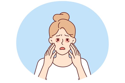 Sad woman with dry reddened eyes due to irritation or allergic reaction caused by food or lack of sleep and rest. Sick girl with allergy symptoms needs to take medicines or use cosmetics