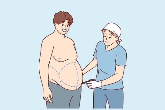 Preparation for liposuction for fat man who wants to get rid of excess weight and saggy belly. Guy visits surgeon for liposuction and abdominoplasty to get attractive body without effort