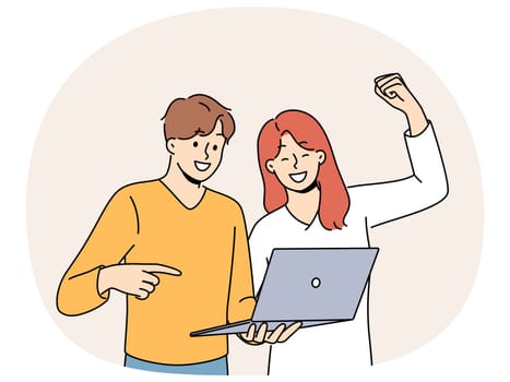 Happy couple with laptop make win gesture after winning in online casino or lottery with cash prize. Man and woman make video call together in laptop and rejoice after learning good news