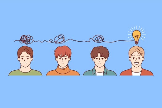 Several men brainstorm together and organize chaotic thoughts into idea in form of light bulb above heads. Teams brainstorm and develop ideas to obtain ideal and innovative product