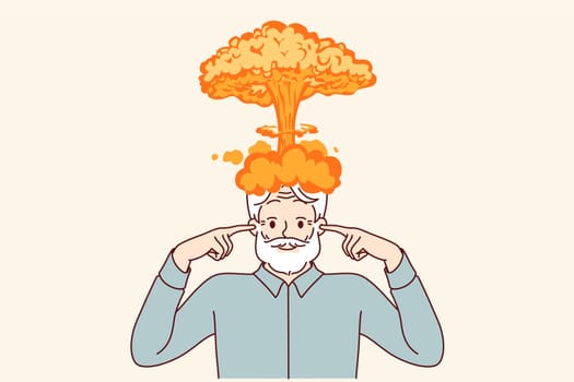 Explosion of brain in elderly man who has experienced severe strain on intellect and covers ears with fingers. Brain explosion symbolizes receiving shocking information that can drive person crazy