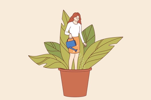 Woman is engaged in self-development and personality improvement, standing in huge flower pot, field soil. Concept of importance of self-development and mental health care for sustainable growth