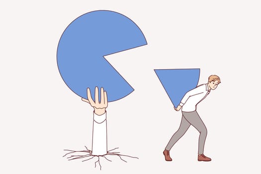 Successful business man taking market share from competitors by taking piece of chart. Segmentation and competition for market share with other companies in industry to gain new clients or customers
