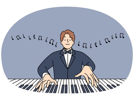 Man maestro plays piano with eyes closed and performs classical compositions in symphony orchestra. Happy maestro in tuxedo enjoys playing musical instrument and working in opera house.