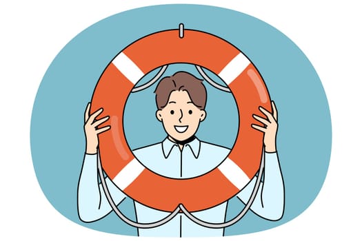 Business man holds lifeline offering help and crisis management services to companies in bankruptcy. Guy manager of big business takes care of safety and wants to save colleagues who are in trouble
